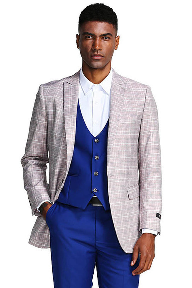 Men's Grey & Blue Glen Plaid Suit with Double Breasted Vest