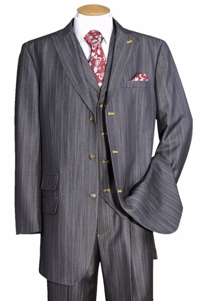 Mens 3 Button Vested Peak Lapel Denim Suit in Black