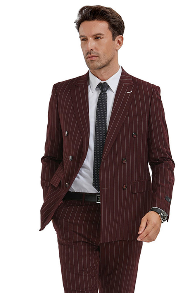 Men's Slim Fit Burgundy Pinstripe Suit by Tazzio Suits