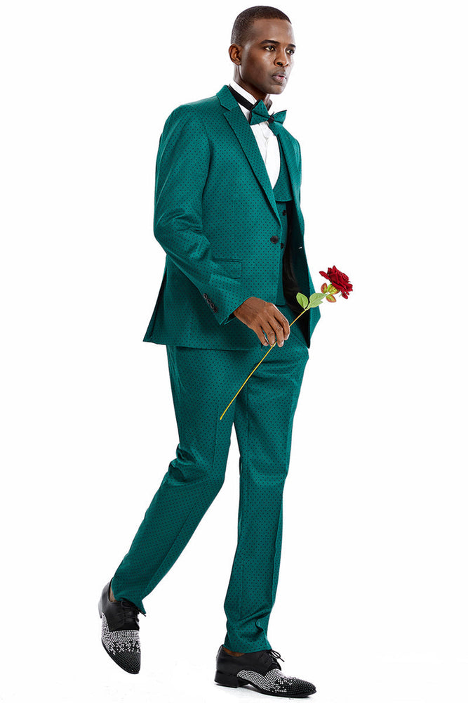 Men's Green & Black Polka Dot Vested Suit from Tazzio