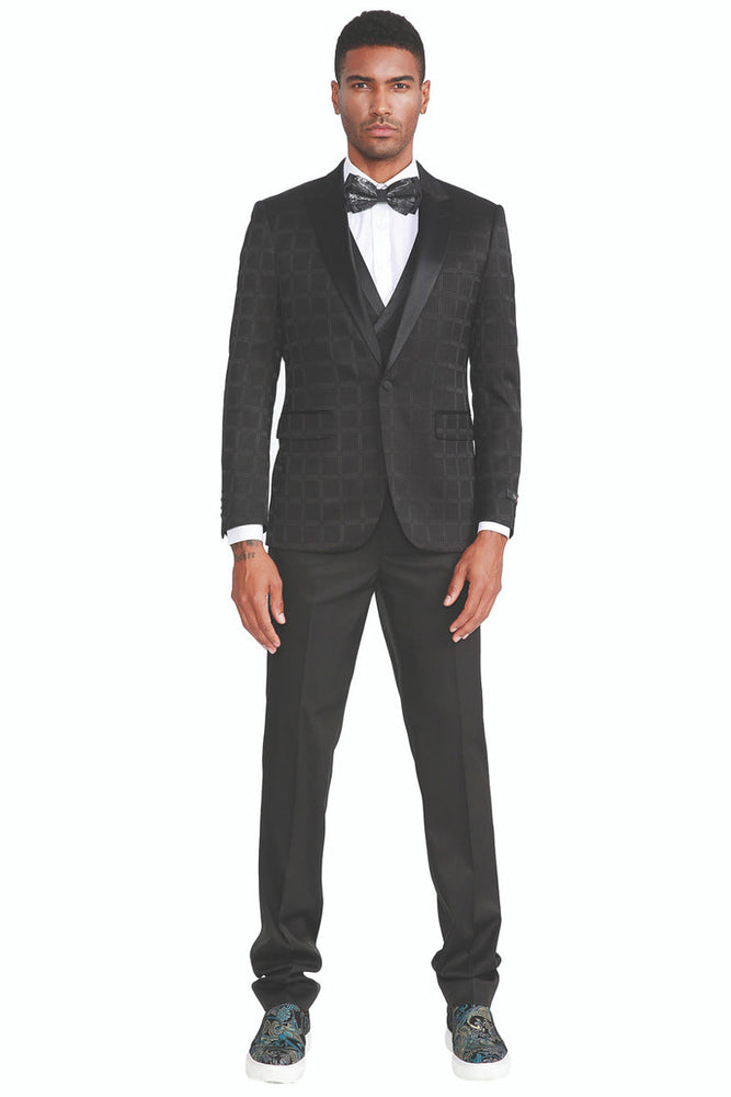 Men's Classic Black Plaid Tuxedo with Peak Lapel and Double Vest