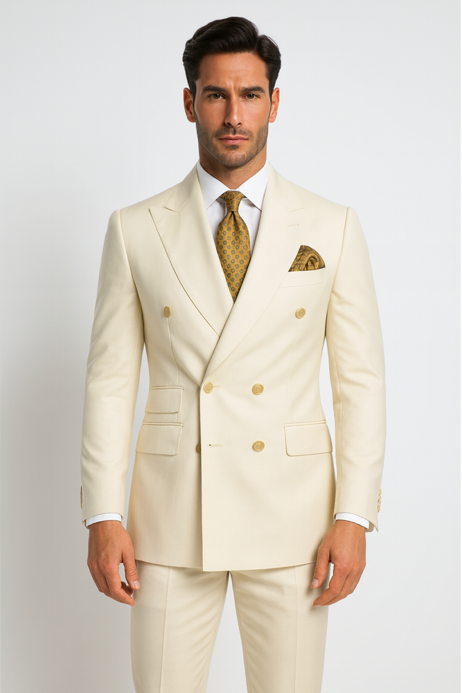 Off White - Ivory - Cream Color White Double Breasted Stylish Peaked Lapel Men Suits