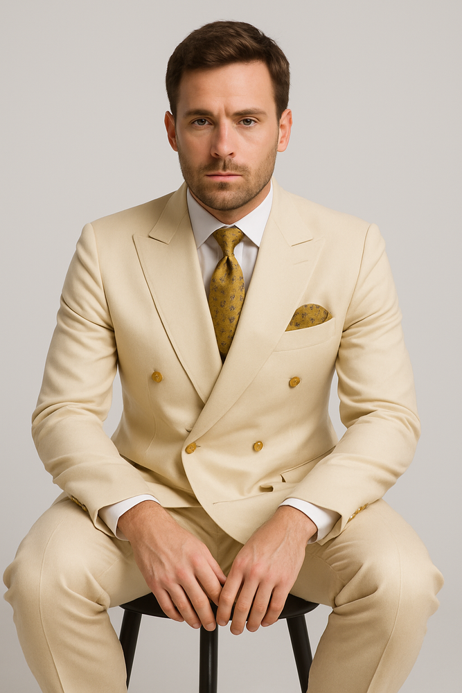 Off White - Ivory - Cream Color White Double Breasted Stylish Peaked Lapel Men Suits