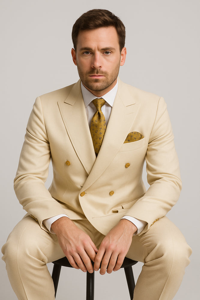 Off White - Ivory - Cream Color White Double Breasted Stylish Peaked Lapel Men Suits