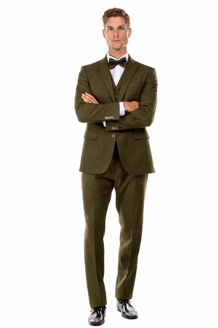 Olive Green Vintage Tweed Wedding Suit – Two Button Jacket with Vest