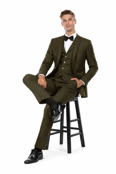 Olive Green Vintage Tweed Wedding Suit – Two Button Jacket with Vest