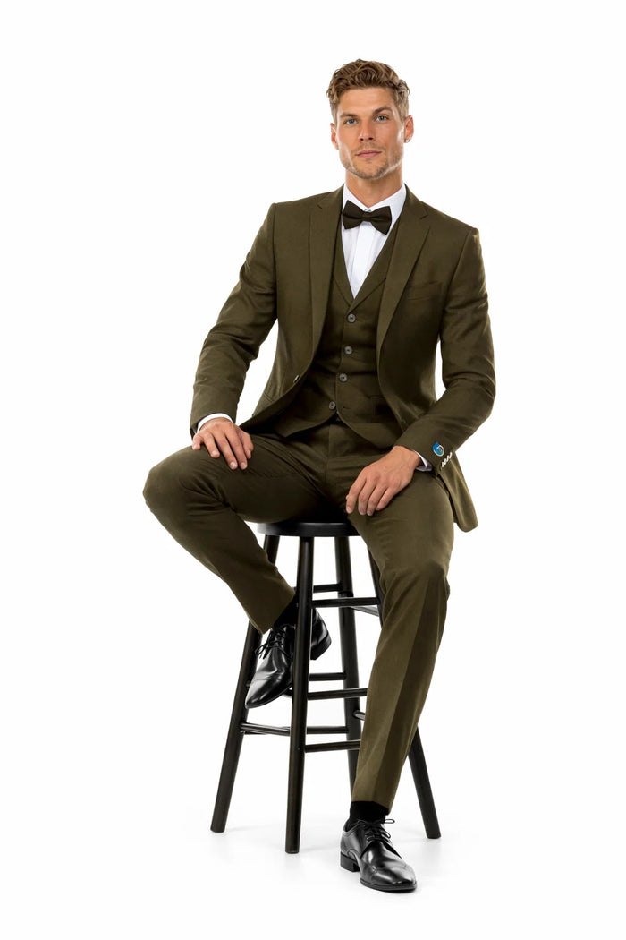 Olive Green Vintage Tweed Wedding Suit – Two Button Jacket with Vest