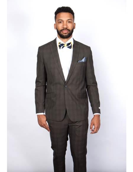 Men’s Brown Plaid Slim Fit Suit by Rossiman Rossi | Peak Lapel Jacket & Tapered Pants – Italian Tailored 3-Piece Classic Suit