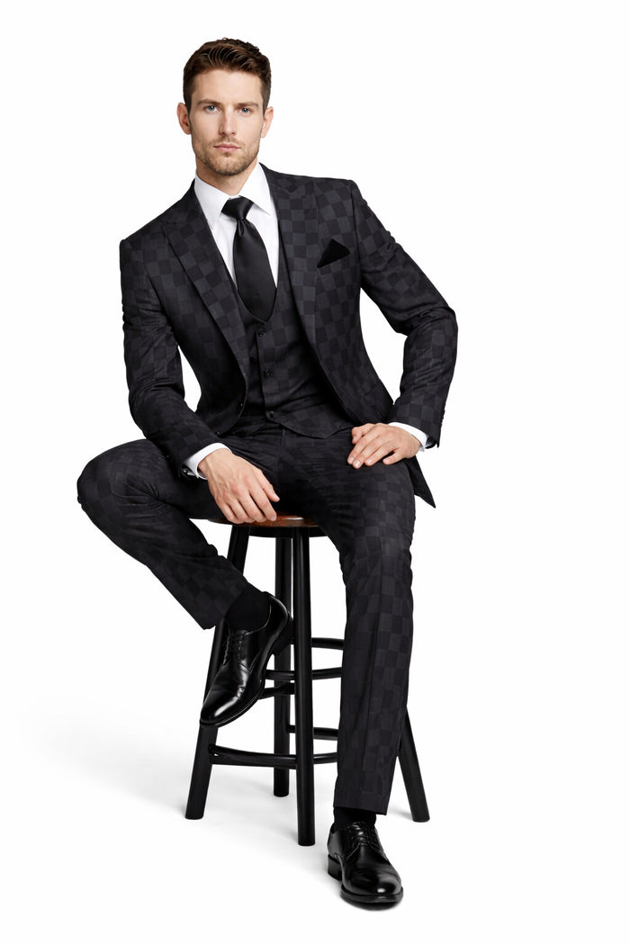 Onyx Checkmate Checkerboard 3-Piece Prestige Suit by Rossiman