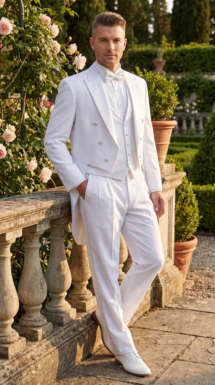 Men’s White Tailcoat Tuxedo with Lapelled Vest, Formal Wedding White Tie Tail Suit