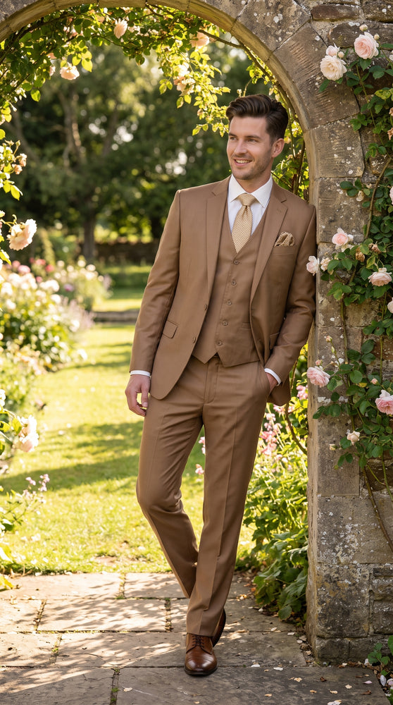Men’s Camel Vested Suit, 3 Piece Formal Wedding Business Dress Suit