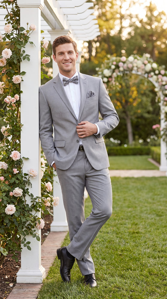 Men’s Silver Grey 2 Button Suit, Solid Light Grey Formal Wedding Business Dress Suit