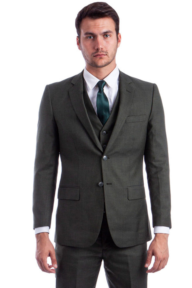 Men's Olive Green Sharkskin Suit with Vest by Tazzio