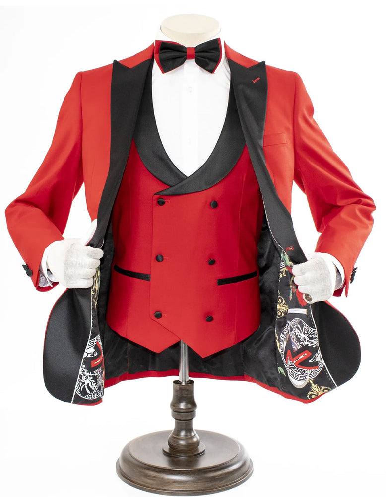Mens 2 Button Peak Lapel Prom 2026 Red Tuxedo with Double Breasted Vest