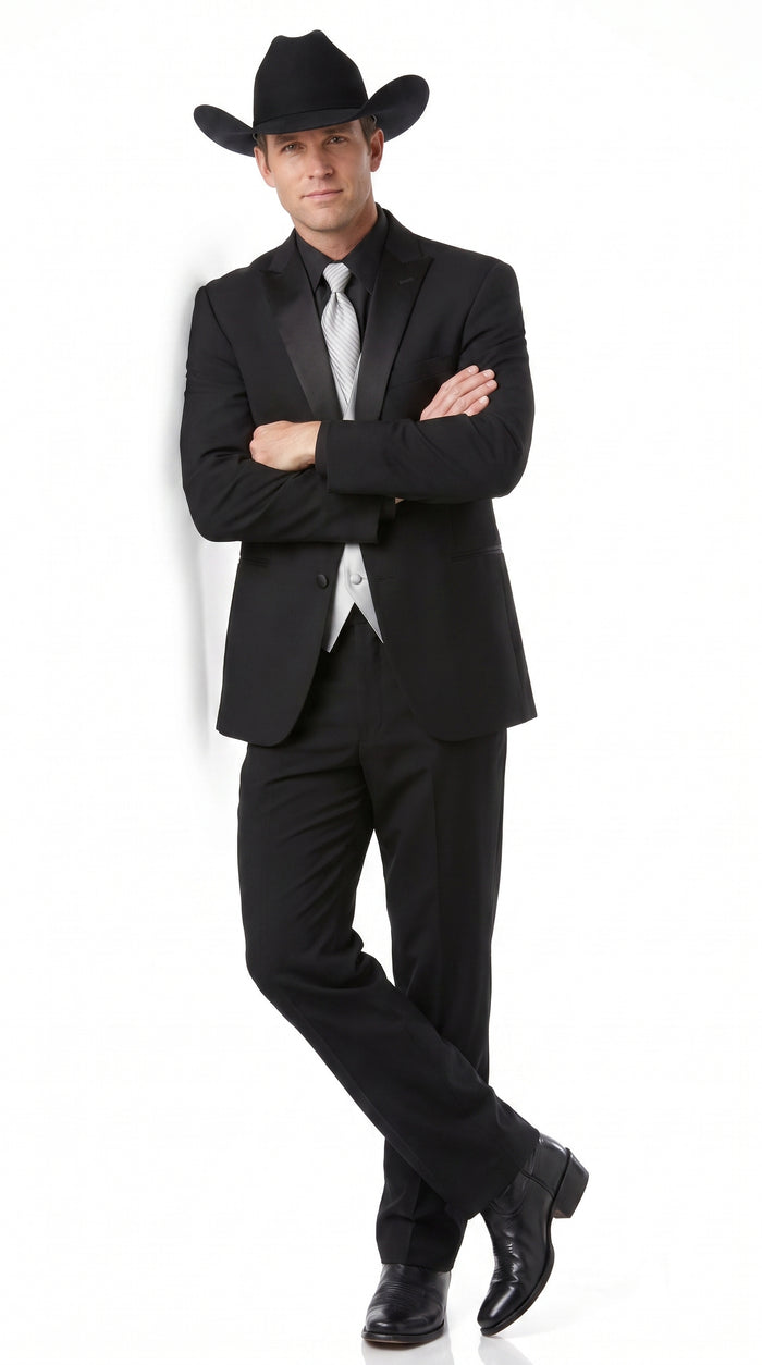 Men’s Black Western Cowboy Suit, Country Wedding Tuxedo with Silver Vest