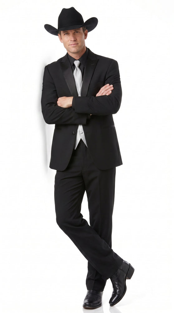 Men’s Black Western Cowboy Suit, Country Wedding Tuxedo with Silver Vest