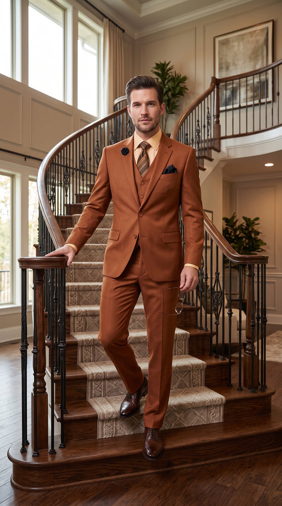 Men’s Copper Rust 3 Piece Vested Suit, Solid 2 Button Formal Wedding Business Suit