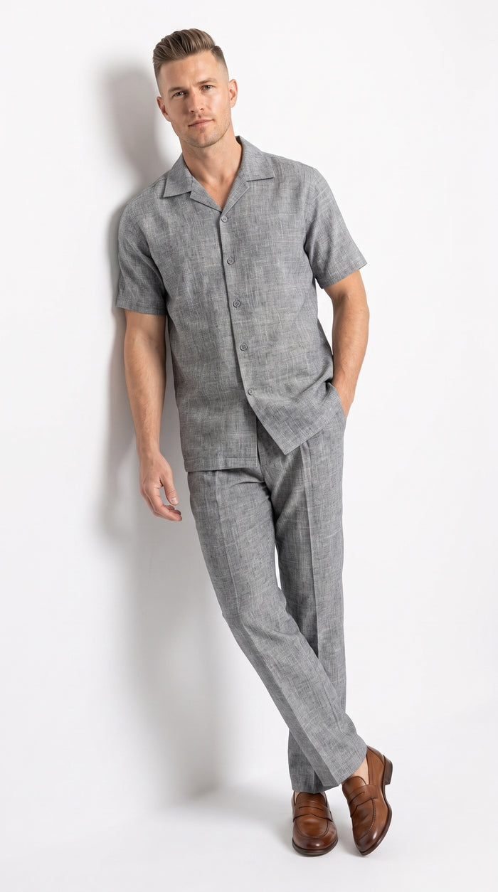 Men’s Grey Walking Suit, Casual Short Sleeve Shirt and Pants Set