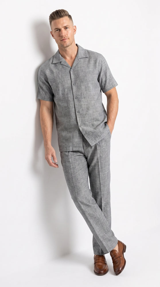 Men’s Grey Walking Suit, Casual Short Sleeve Shirt and Pants Set