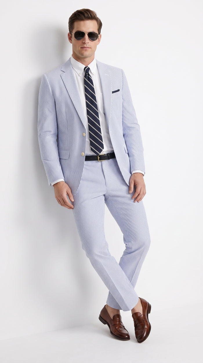 Men’s Dark Navy and White Seersucker Suit, 100% Cotton Classic Summer Wedding Suit