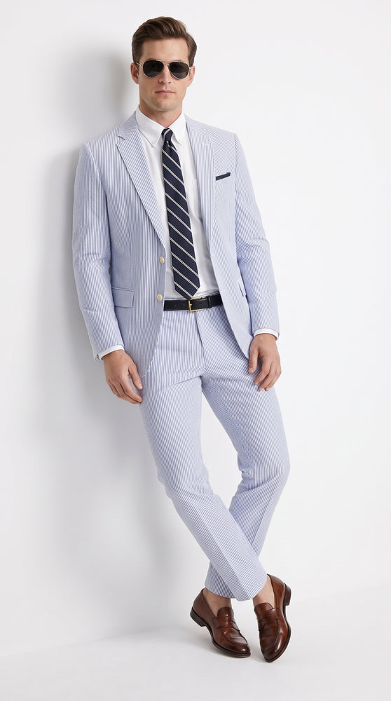 Men’s Dark Navy and White Seersucker Suit, 100% Cotton Classic Summer Wedding Suit