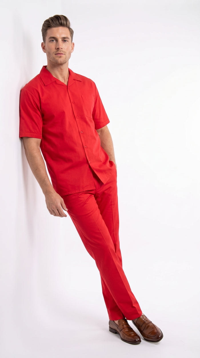 Men’s Red Linen Shirt and Pants Set – 2 Piece Short Sleeve Summer Walking Suit Casual Outfit