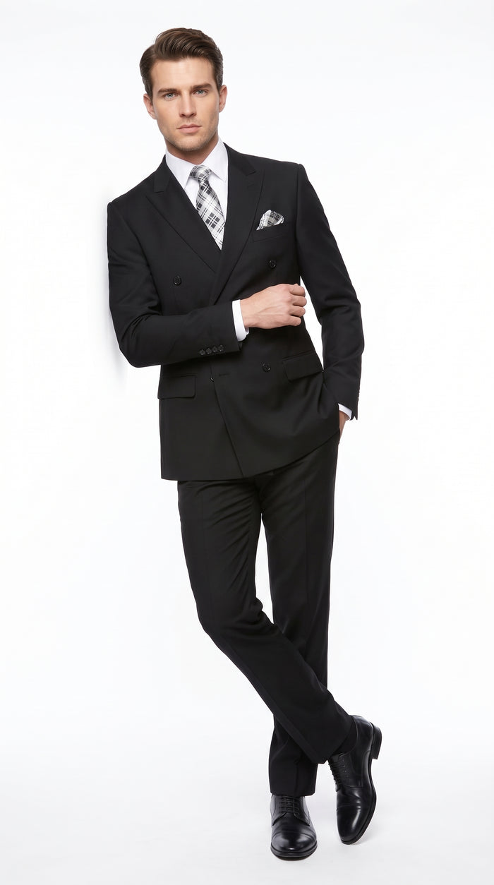 Statement Men’s Black 100% Wool Double Breasted 2 Piece Suit – Fashion Wedding & Formal Suit