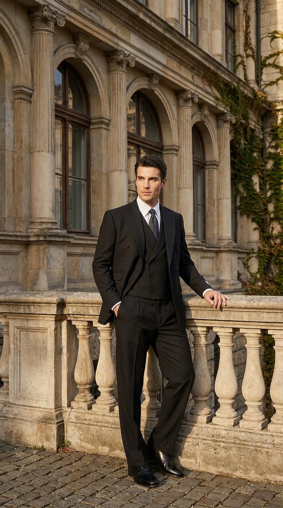 Tiglio Men’s Black Double Breasted Wool Suit, Super 150s Italian Fabric Wide Leg Vested Suit