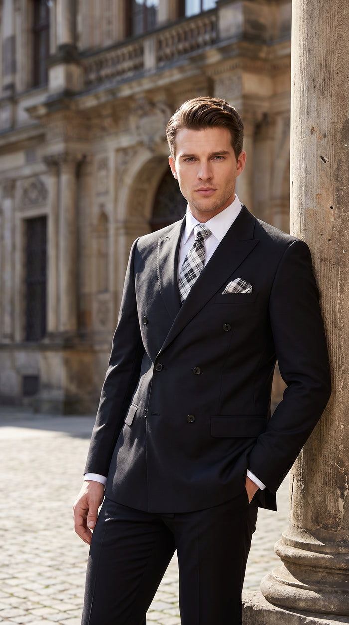Statement Men’s Black 100% Wool Double Breasted 2 Piece Suit – Fashion Wedding & Formal Suit