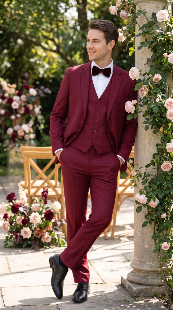 Men’s Red 3 Piece Suit, Tapered European Cut Formal Wedding Prom Suit