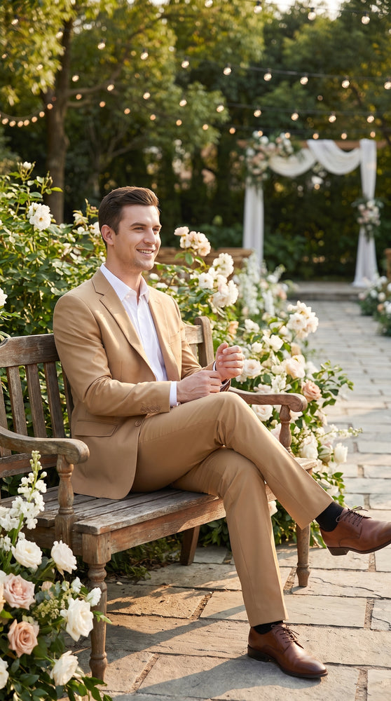 Men’s Khaki Beige 2 Button Business Suit, Camel Bronze Formal Dress Suit for Weddings and Clearance Sale