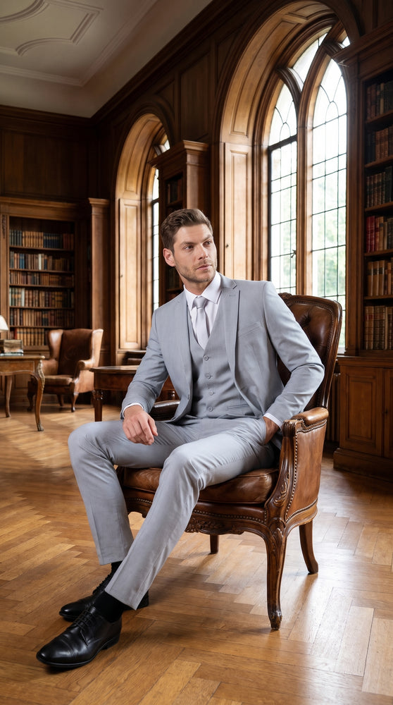 Men's Zegarie Light Grey 3-Piece Suit – One-Button Notch Lapel Jacket with Matching Vest and Pants for Weddings, Prom & Business