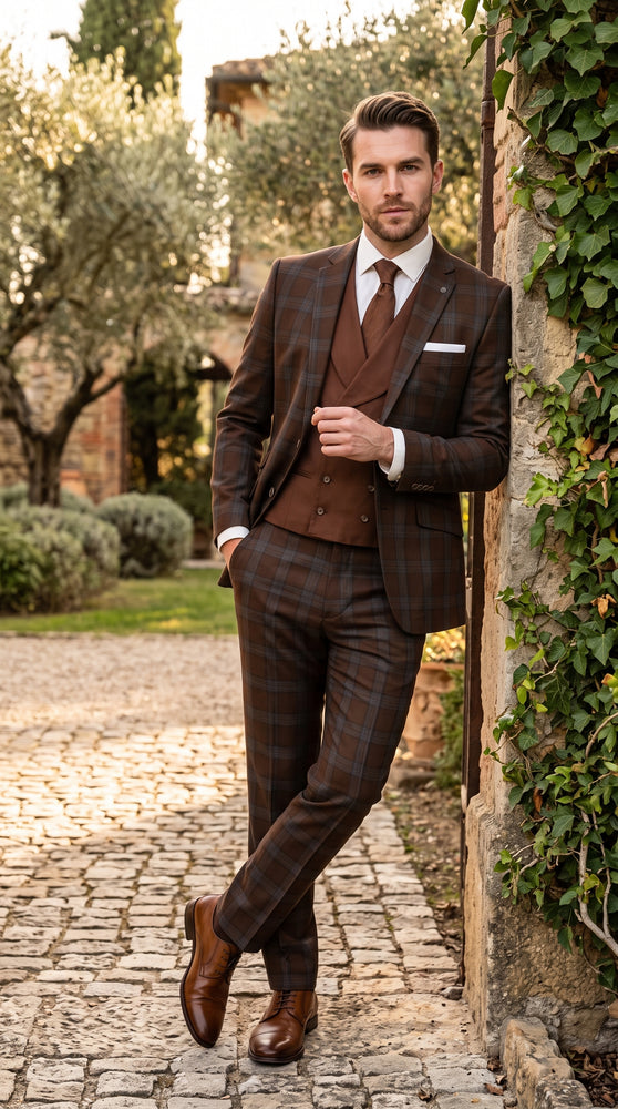 Statement Men’s Brown Plaid 3 Piece Wool Suit, Classic Fashion Suit with Double Breasted Vest