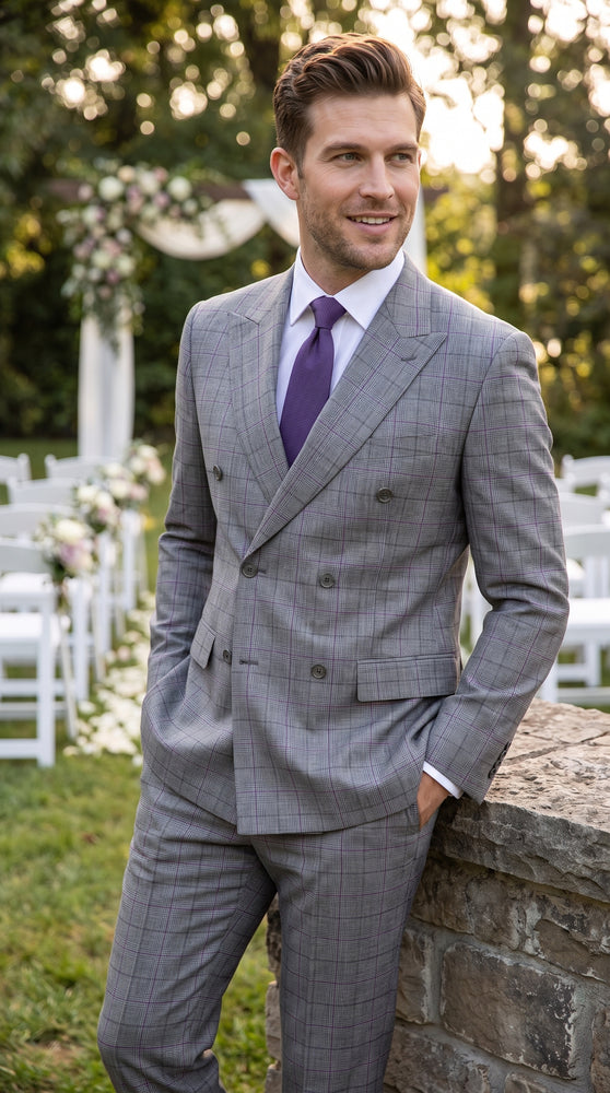 Men’s Grey Glen Plaid Double Breasted Suit, Classic Wool Feel Formal Wedding Business Suit