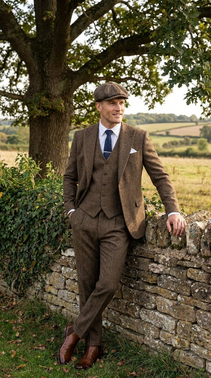 Men’s Brown Tweed Peaky Blinders Suit, Classic Vintage 3 Piece Gentleman’s Dress Suit