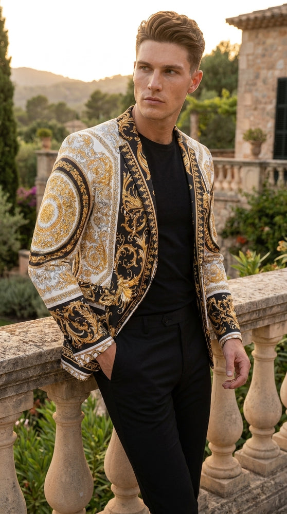 Men’s Black and Gold Baroque Print Blazer – Luxury Yellow Pattern Sport Coat for Wedding, Prom and Party