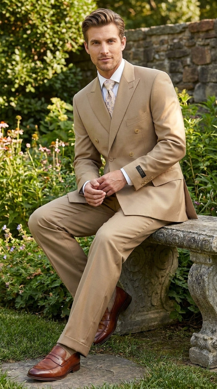 Men’s Khaki Bronze Camel Double-Breasted Suit – Classic Pleated Pants Wedding, Business and Formal Suit