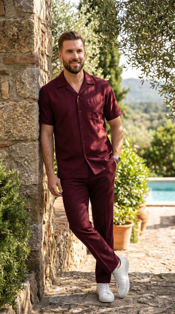 Men’s Burgundy Walking Suit, Big and Tall Casual Shirt and Pants Set up to 6XL
