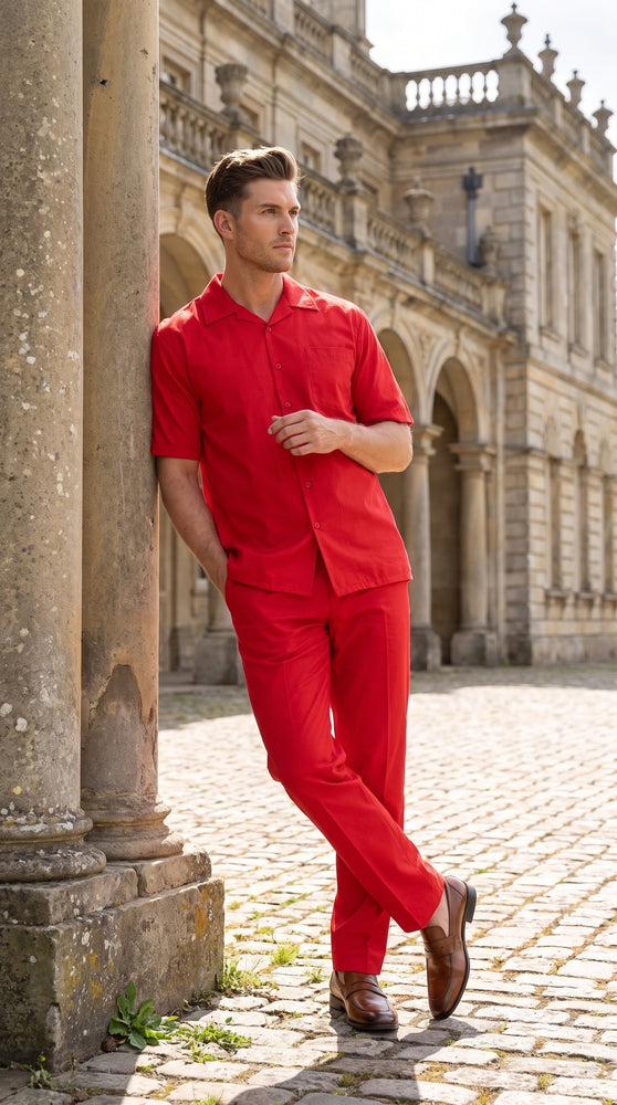 Men’s Red Linen Shirt and Pants Set – 2 Piece Short Sleeve Summer Walking Suit Casual Outfit