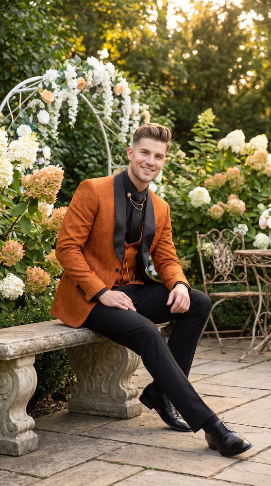 Men’s Burnt Orange Floral Brocade Tuxedo, Designer Formal Wedding Prom Dinner Suit