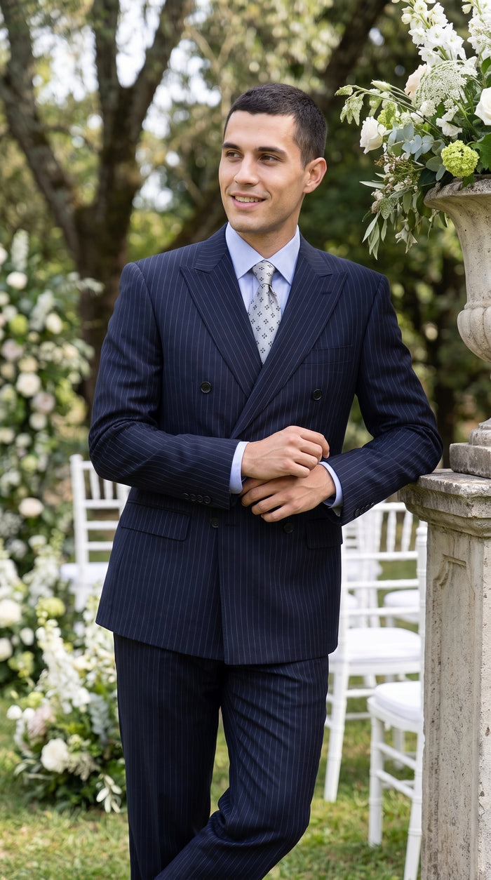 Men’s Dark Navy Blue Pinstripe Double Breasted Suit, Formal Business Wedding Dress Suit