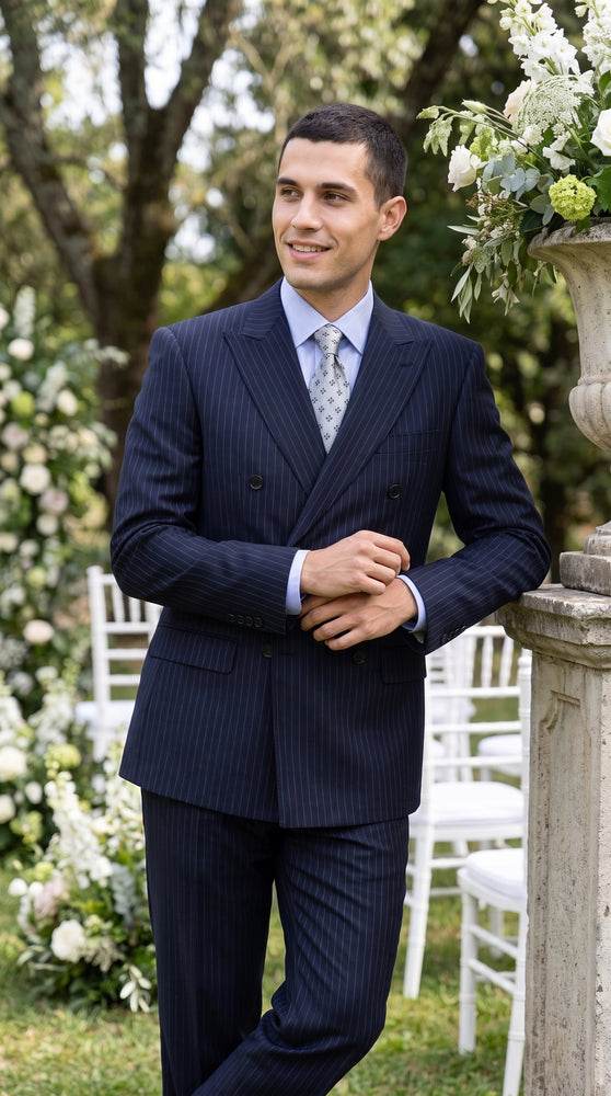 Men’s Dark Navy Blue Pinstripe Double Breasted Suit, Formal Business Wedding Dress Suit