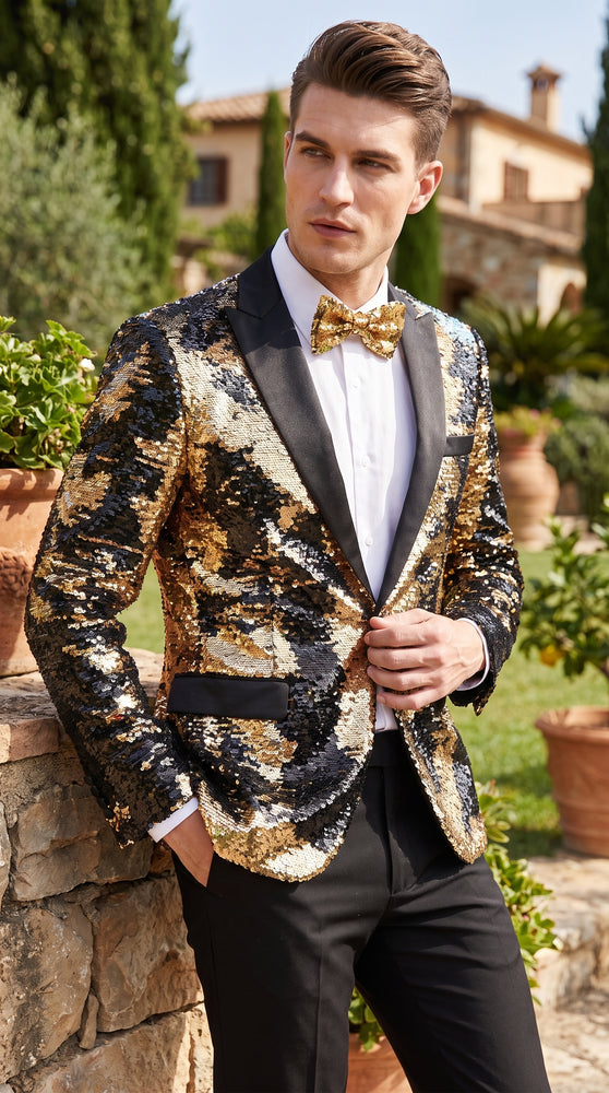 Men’s Big and Tall Black and Gold Sequin Blazer, Shiny Formal Tuxedo Sport Coat with Matching Bow Tie