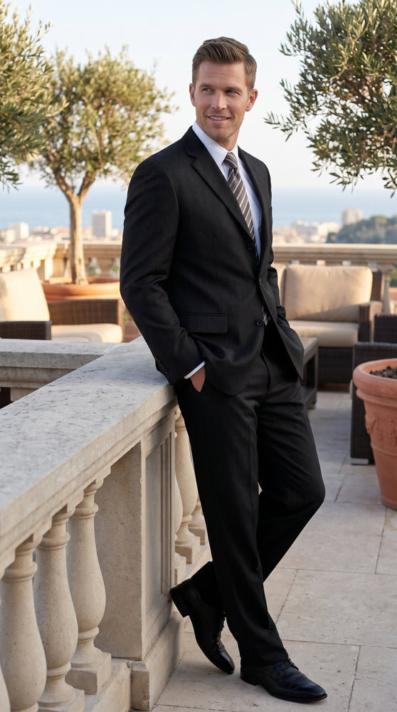 Men’s Black 3 Button 100% Wool Suit, Classic Business Formal Wedding Dress Suit