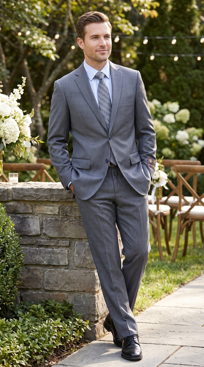 Men’s Grey Pinstripe 2 Button Suit, 2 Piece Business Wedding Formal Dress Suit