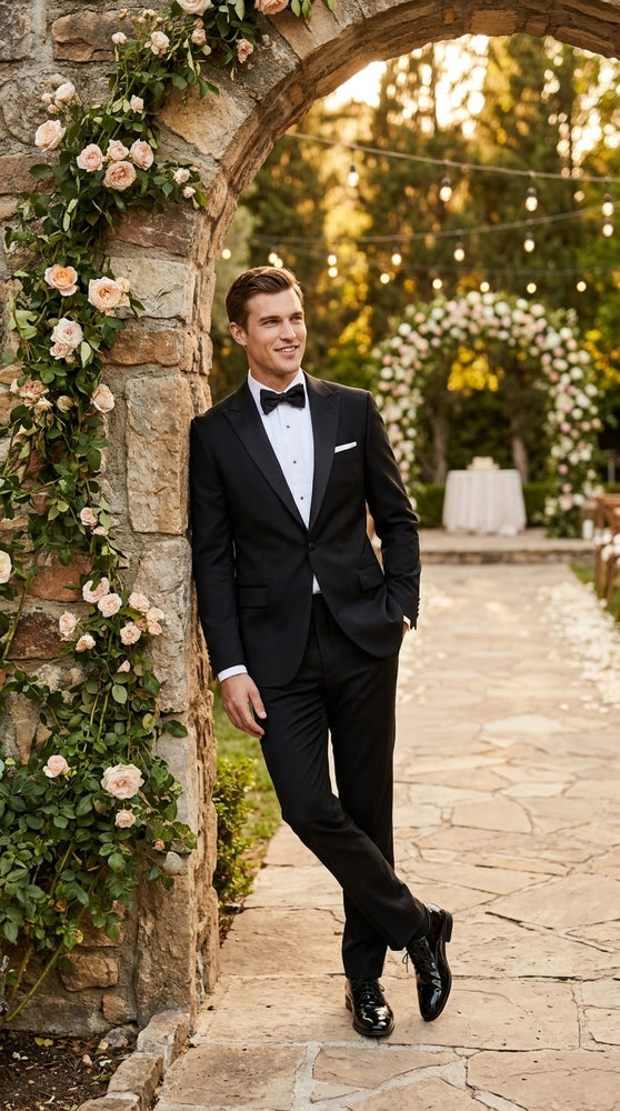 Men’s Black 100% Worsted Wool Tuxedo, Peak Lapel Formal Wedding Prom Dinner Suit
