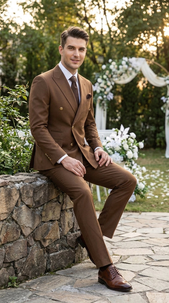 Rossi Man Men’s Brown Double Breasted Suit, Modern Fit Formal Wedding Business Dress Suit