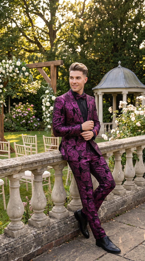 Men’s Black and Deep Pink Floral Tuxedo Suit, Slim Fit 2 Piece Formal Prom Wedding Suit with Bow Tie