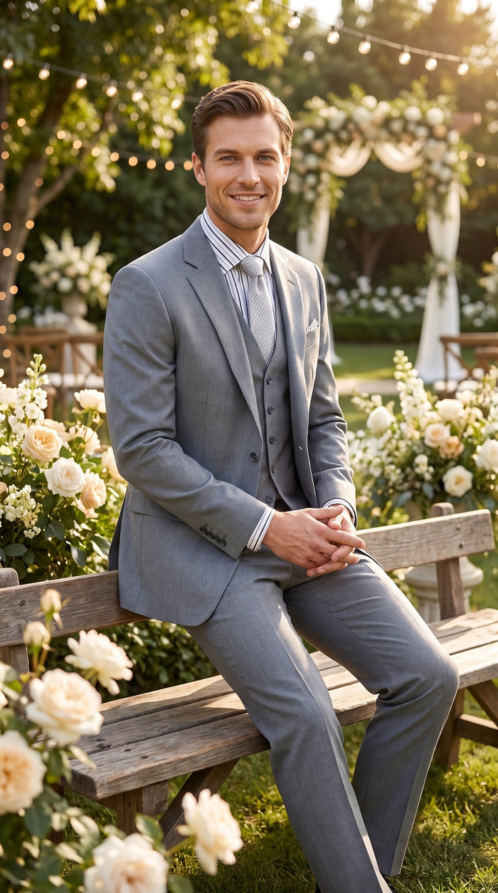 Men’s Mid Gray 3 Piece Suit, Modern Fit 2 Button Vested Formal Wedding Business Suit