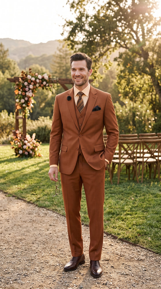 Men’s Copper Rust 3 Piece Vested Suit, Solid 2 Button Formal Wedding Business Suit